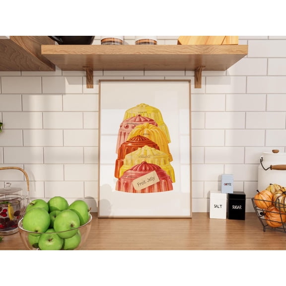 Jelly Fruit Kitchen Print Retro Kitchen Wall Art Color Pop Kitchen Art Wall Decor Colorful Kitchen Poster Pink + Yellow for Home, Unframed Paper Poster 8x10in