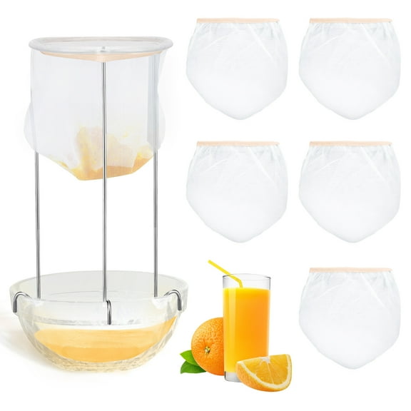 Jelly Juice Strainer Stand with 5 Reusable Straining Bag, Stainless Steel Food Strainer Mesh Filter Bag, Kitchen Utensil Juice Strainer after Juicing for Yogurt Nut Milk Cheese Broth