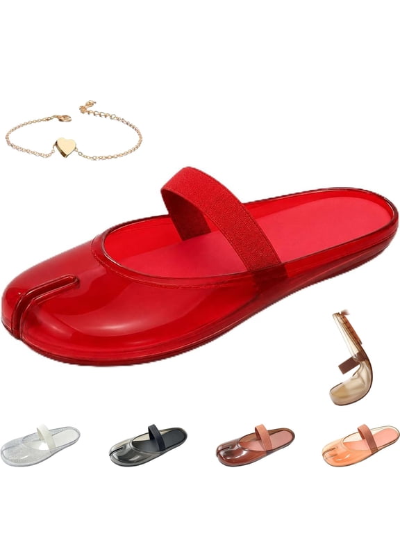 Jelly Mary Jane Mules for Women Tabi Flat Sandals Closed Toe | Round Split Toe Slip On Slides With Elastic Strap Casual Beach Summer Vacation Slippers
