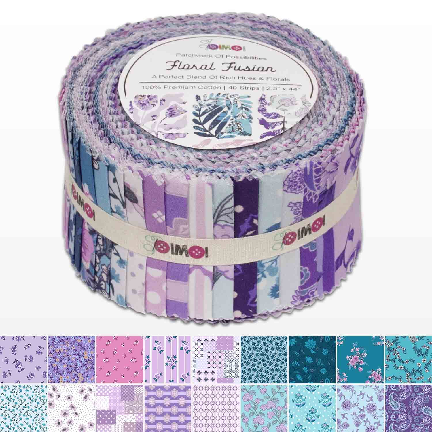 Jelly Roll 40 Strip Assorted Bundle, Fabric Strips for Quilting, Crafting, and Sewing, 100% Cotton 2.5" Fabric Jelly Roll Bundle For Scrapbooking, Precut Quilt Projects, DIY Crafts - Floral Fusion
