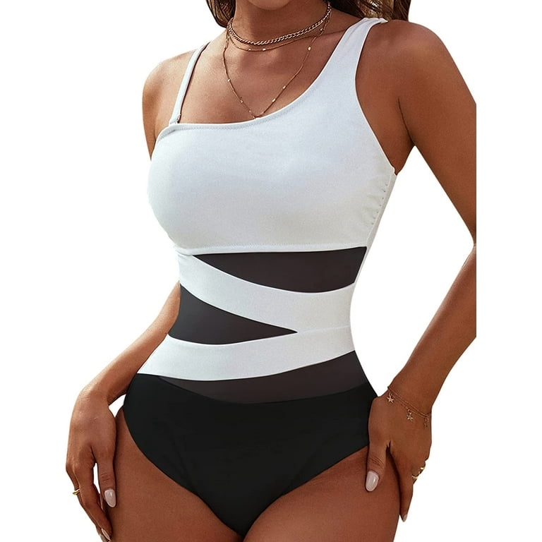 Jelly Women's Sexy One Piece Bathing Suits One Shoulder Swimsuits Slimming  Mesh Swimwear 