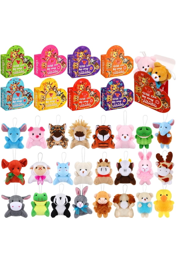 24 Packs Valentines Gifts Valentines Mini Stuffed Set for Classroom Student, Valentine Plush Animal Keychain with Heart Boxes for Classroom Exchange Gifts Game Prizes Party Favor C113