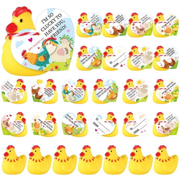 JellyArch 24 Set Valentines Day Gift Mini Rubber Chicken with Heart Cards Exchange Gift for Friends Prize Goodie Bags Filler Chicken Party Favors Valentines Exchange Activity Lucky Gifts Bulk Y101