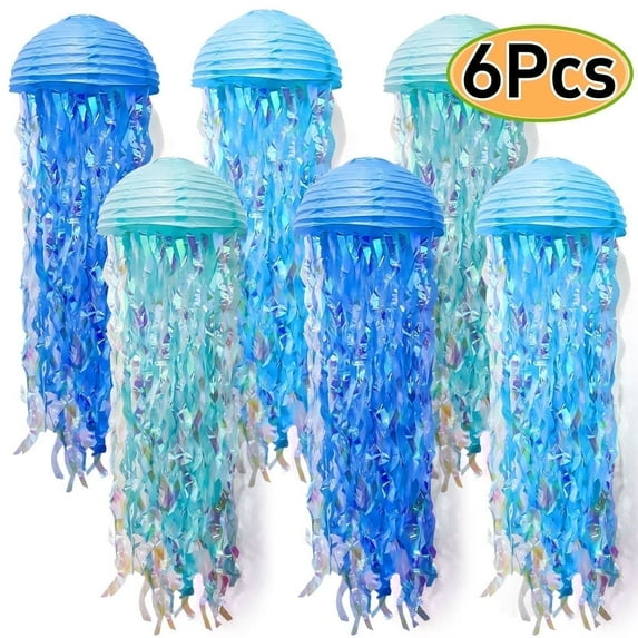 Jelly Fish Paper Lanterns, Blue Hanging Lantern for Under the Sea Mermaid Party Supplies, Birthday Baptism Wedding Ocean Wall Decoration
