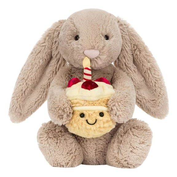 Jellycat Beige Bashful Bunny Birthday Plush - 11.8 Inch Rabbit with Cake Toy - Holiday Collectible for Kids Birthday Gift