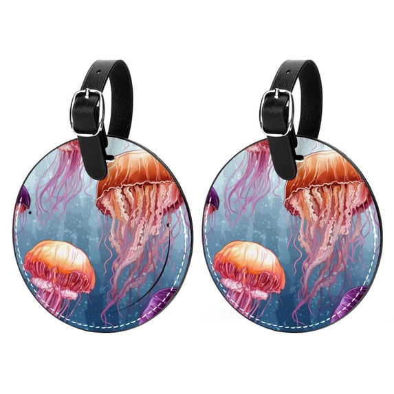 Jellyfish 2Pcs PU Leather Round Luggage Tags with Privacy Cover and Name ID Tag for Suitcase, Handbags, Backpacks, School Bags