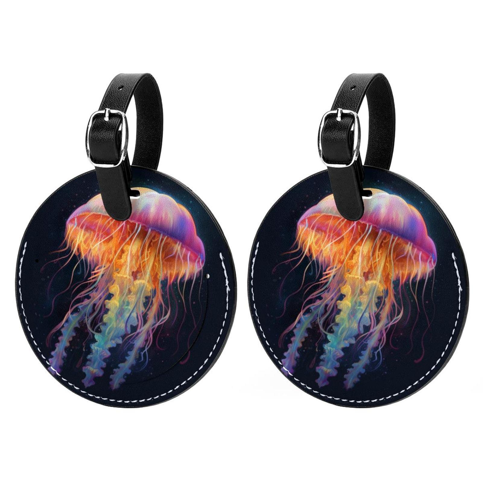 2 Pack Cute Jellyfish Leather Luggage Tags - Stainless Steel Loop, Privacy Cover, ID Label For Suitcases, Bags, Travel