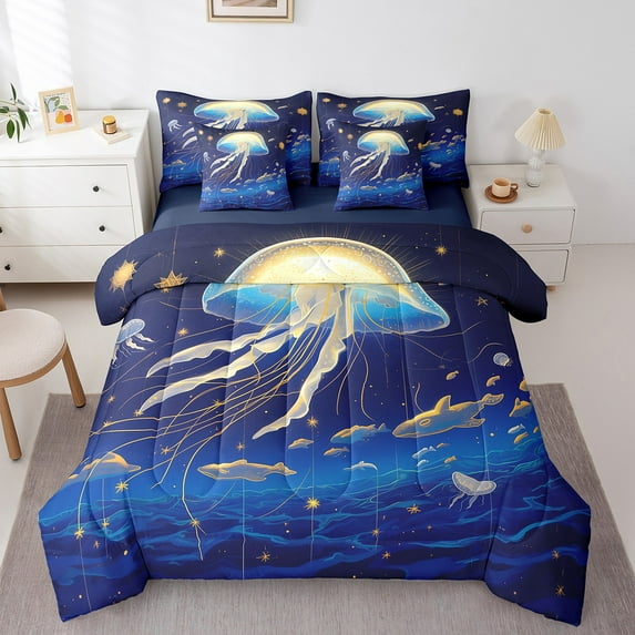 Jellyfish 7 Pcs Comforter Set Twin Size,Ocean Night Bedding,Fantasy Whale Dreamy Sea Waves Sheet Set Bed In A Bag Cartoon Glitter Stars Blue Marine Life Bed Set