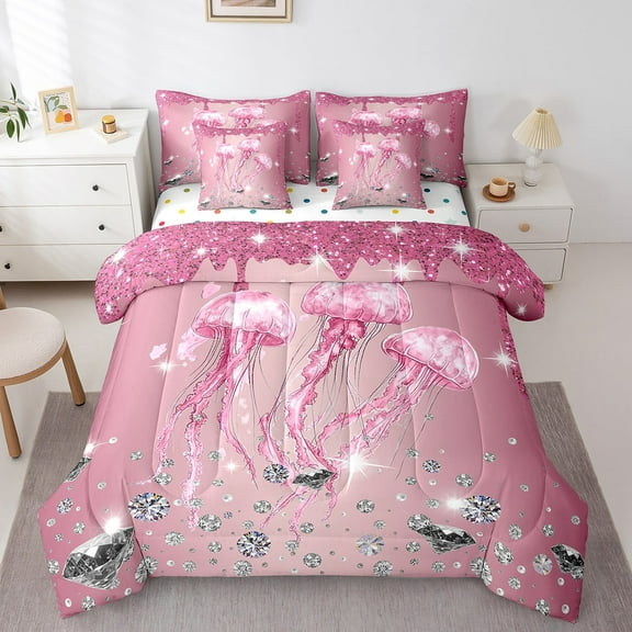 Jellyfish 7 Piece Comforter Set Full Bed in a Bag,Sequin Fluid Art Comforter and Sheet Set,Crystal Diamond Bedding Set,Nautical Sea Animal Bed Set Ocean Coastal Creature Pink Room Decor