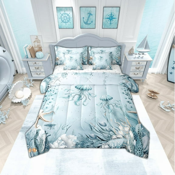 Jellyfish 7 Piece Comforter Set Full Bed in a Bag,Teal Blue Ocean Beach Coastal Bedding Set Starfish Octopus Tentacles Sheet Sets with Comforter Creature Coral Bed Set,Kawaii Fish Room Decor