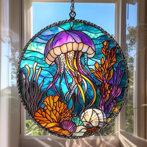 Jellyfish Acrylic Suncatcher, Faux Stained Glass Ocean Window Hanging with Coral Reef & Shells, Coastal Gift for Sea Lovers