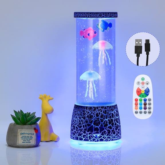 Jellyfish Aquarium Night Light with Fish, Color Changing LED Lamp with Remote Control, USB/Battery Powered Lava Lamp for Bedroom, Living Room Decor, Gift for Kids & Adults