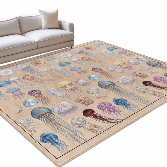 Jellyfish Area Rugs 6x9ft Retro Blue White Brown Purple Jellyfish Linen Texture Floor Rug&nbsp;Non Slip Low Pile Ultra Soft Throw Carpet for Entryway Indoor Entrance Kitchen Bathroom