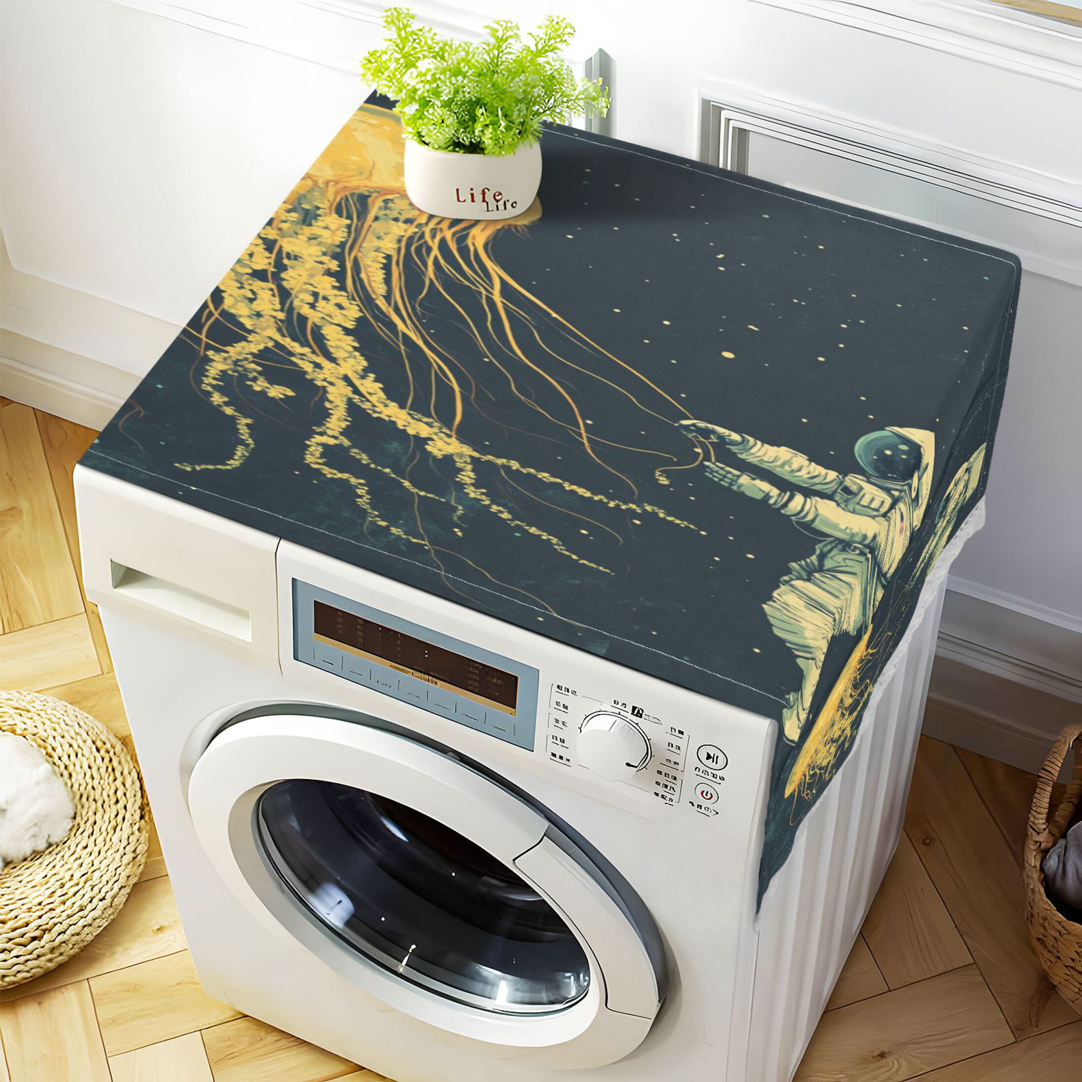 Jellyfish and AstronautWasher and Dryer Covers Dust-Proof and Oil Resistant Fridge Cover with 4 Storage Pockets Washing Machine Top Cover for Laundry Kitchen Home 51.2 x 22 In