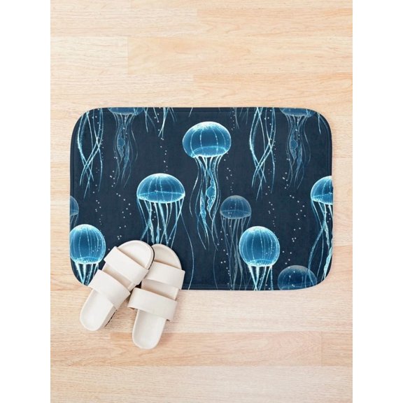 Jellyfish Bath Mat, Dark Ocean Underwater Pattern Bathroom Floor Mat, Rectangular Bath Rug, 15.7 x 23.6 in or 19.7 x 31.5 in