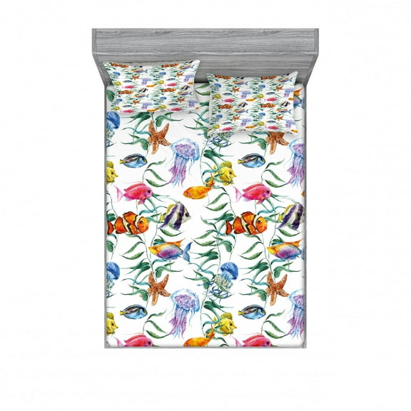 Jellyfish Bedding Set with Sheet & Covers, Tropical Coral Reef with Seaweed Algae Jellyfish Aquatic Saltwater Nemo Theme, Printed Bedroom Decor 2 Shams, 4 Sizes, Multicolor, by Ambesonne