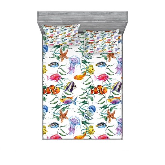 Jellyfish Bedding Set with Sheet & Covers, Tropical Coral Reef with Seaweed Algae Jellyfish Aquatic Saltwater Nemo Theme, Printed Bedroom Decor 2 Shams, 4 Sizes, Multicolor, by Ambesonne