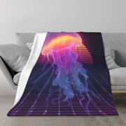 Jellyfish Blanket Vaporwave Aesthetic Night Sky, Warm Soft Flannel Throw For Living Room, Unique Retro Nature Decor 50x40