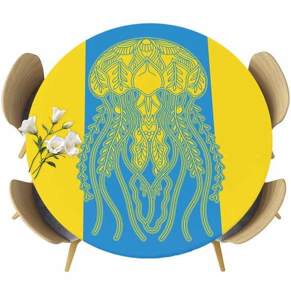 Jellyfish Blue Round Tablecloth, Fitted Table Cover with Elastic for 36"-44" Round Tables, Boho Tropical Yellow Stripe Summer Abstract Table Cloth Outdoor Indoor Dinning Party Waterproof Tablecloths
