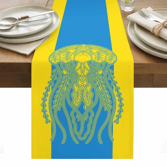 Jellyfish Blue Table Runner - 70 Inch Long, Kitchen Dining Table Runner Dresser Scarves, Boho Tropical Yellow Stripe Summer Abstract Farmhouse Decor for Coffee Tables Wedding Party Banquet