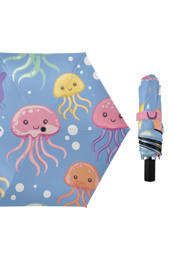 Jellyfish Bubble Cartoon All Weather Umbrella Triple Folding Parasol 6 Ribs UV Protection Portable