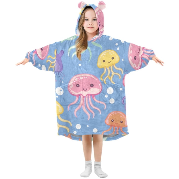 Jellyfish Bubble Cartoon Flannel Wearable Blankets Hooded Design Long Sleeves Wrap Unisex for 3T-14Y S