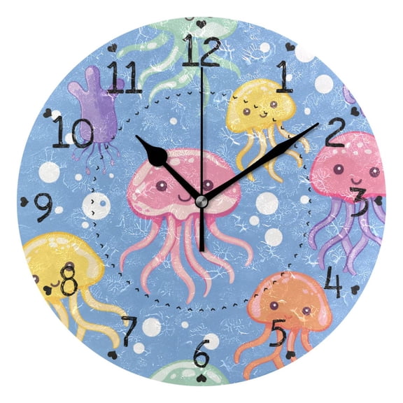 Jellyfish Bubble Cartoon Round Wall Clock Silent Analog Battery Operated Black Pointer Home Decor 9.84" Diameter