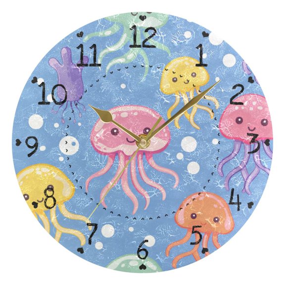 Jellyfish Bubble Cartoon Round Wall Clock Silent Analog Battery Operated Gold Pointer Home Decor 9.84" Diameter