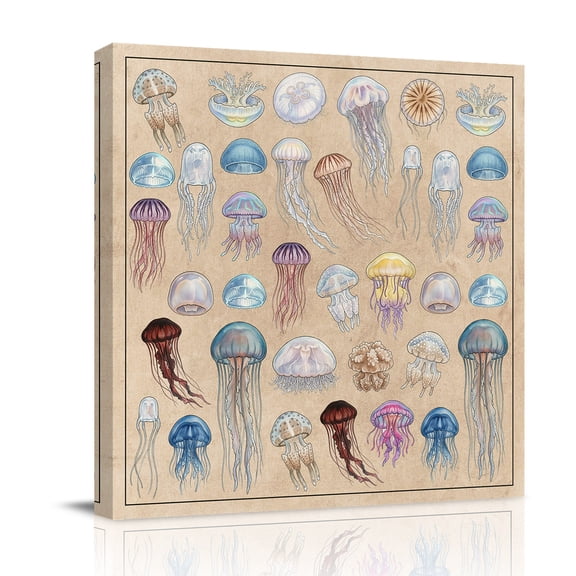 Jellyfish Canvas Wall Art for Living Room, Retro Blue White Brown Purple Jellyfish Linen Texture Poster Print Painting for Bedroom Office Home Decoration Wall Pictures Prepare To Hang 10"x10"
