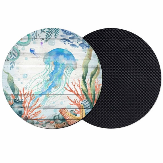 Jellyfish Coastal Coasters Set of 2, Absorbent Coasters for Drinks, Summer Nautical Starfish Coral Grey Wooden Coaster for Desk Coffee Table Protection, Home Decor House Warming Gifts 4"