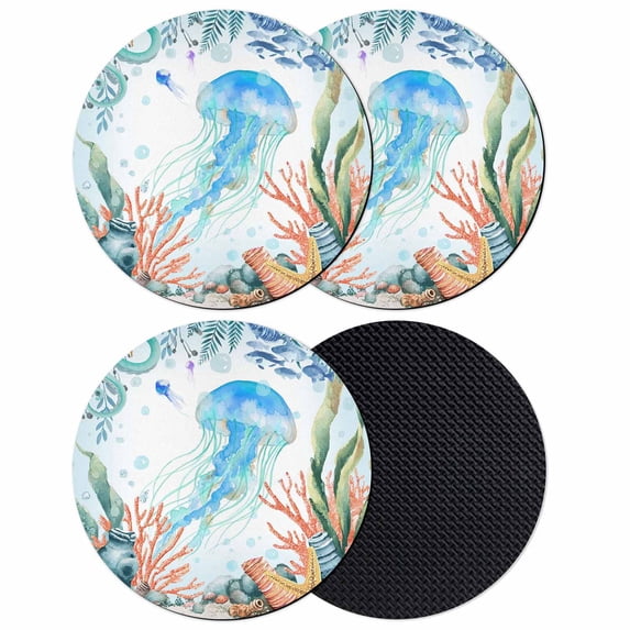 Jellyfish Coastal Coasters Set of 4, Absorbent Coasters for Drinks, Summer Nautical Starfish Coral Ocean Coaster for Desk Coffee Table Protection, Home Decor House Warming Gifts 4"