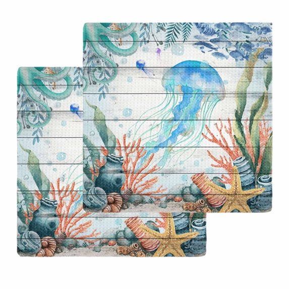 Jellyfish Coastal Kitchen Dish Towels for Drying Dishes Set of 2, Summer Nautical Starfish Coral Grey Wooden Waffle Weave Microfiber Hand Tea Bathroom Towels Quick Dry & Absorbent Towel 12x12