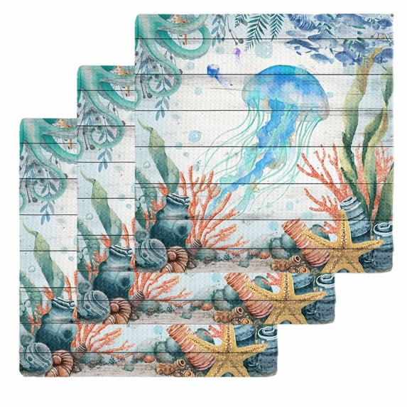 Jellyfish Coastal Kitchen Dish Towels for Drying Dishes Set of 3, Summer Nautical Starfish Coral Grey Wooden Waffle Weave Microfiber Hand Tea Bathroom Towels Quick Dry & Absorbent Towel 12x12