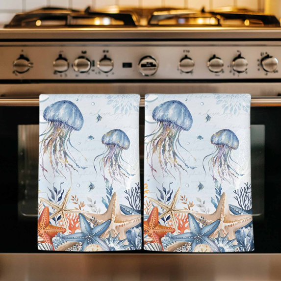 Jellyfish Coastal Kitchen Towels Set of 1, Summer Beach Coral Starfish Blue Ombre Absorbent Dish Towels for Kitchen, Microfiber Hand Towel, Quick Drying Tea Towel for Cleaning Decorative Dishcloths