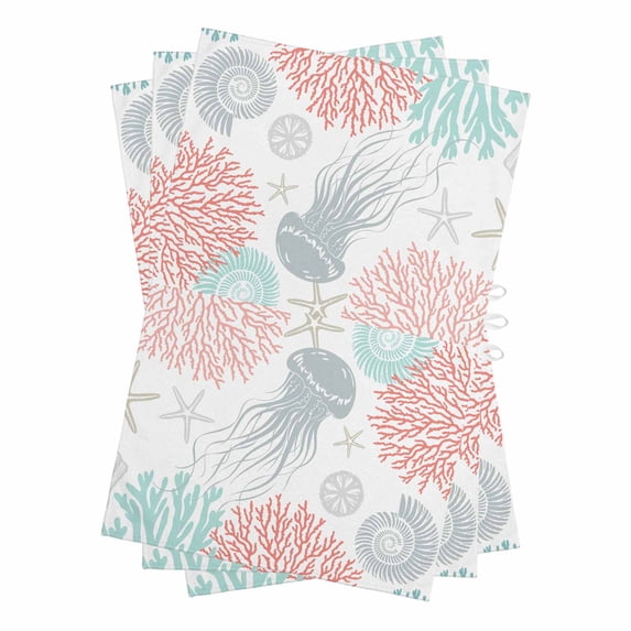 Jellyfish Coastal Kitchen Towels Set of 3, Water Absorbent Dish Towel, Teal Red Coral Starfish Decorative Hand Towels - Quick Drying Cloth for Cooking Baking, 18x28 Inch