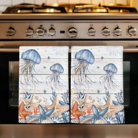 Jellyfish Coastal Kitchen Towels Set of 4, Summer Beach Coral Starfish Grey Wooden Absorbent Dish Towels for Kitchen, Microfiber Hand Towel, Quick Drying Tea Towel for Cleaning Decorative Dishcloths