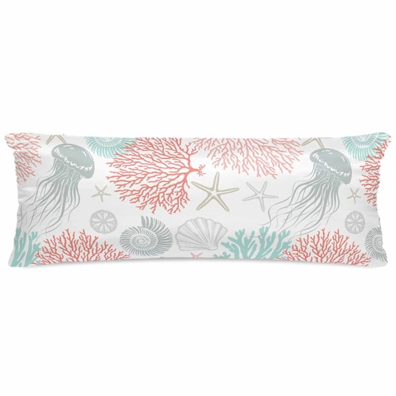 Jellyfish Coastal Pillow Cases Body Size, Smooth Satin Pillowcase for Hair and Skin, Teal Red Coral Starfish Decorative Cooling Bed Pillow Covers with Zipper, 20x54 Inches