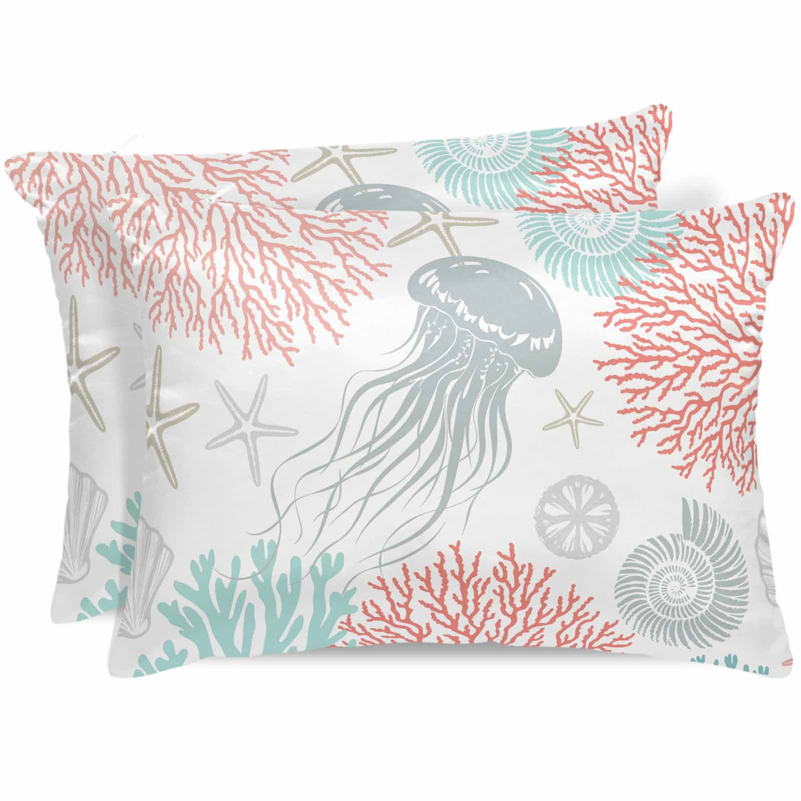 Jellyfish Coastal Pillow Cases King Size Set of 2, Smooth Satin Pillowcase for Hair and Skin, Teal Red Coral Starfish Decorative Cooling Bed Pillow Covers with Zipper, 20x36 Inches