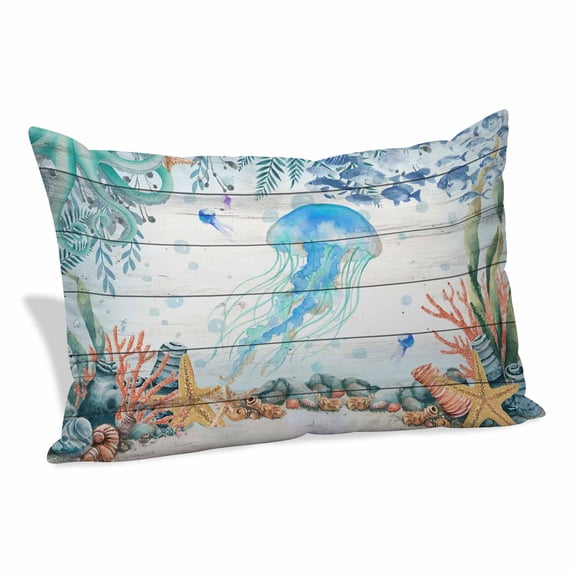 Jellyfish Coastal Pillow Covers, Linen Long Throw Pillow Case, Summer Nautical Starfish Coral Grey Wooden Holiday Pillow Protector Decorative Cushion Cover for Living Room/Bedroom 16" x 24"