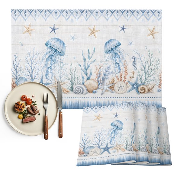 Jellyfish Coastal Placemats Set of 2, Seaside Vintage Starfish Nautical Geometric Washable Wipeable Table Mats for Dining Tables, Indoor Outdoor Kitchen Place Mats for Holiday Party Table Decor