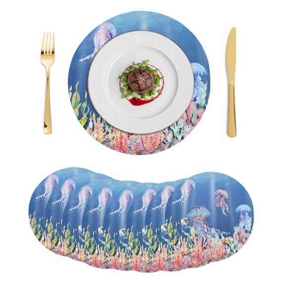 Jellyfish Coastal Round 13 Inch Placemats Set of 8, Nautical Ocean Summer Beach Coral Sea HeatResistant Non Slip Place Mats for Dining Table, Wipeable Braided Kitchen Table Mats for Housewarming