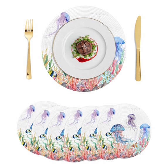 Jellyfish Coastal Round 15 Inch Placemats Set of 6, Summer Beach Blue Purple Coral Ocean HeatResistant Non Slip Place Mats for Dining Table, Wipeable Braided Kitchen Table Mats for Housewarming