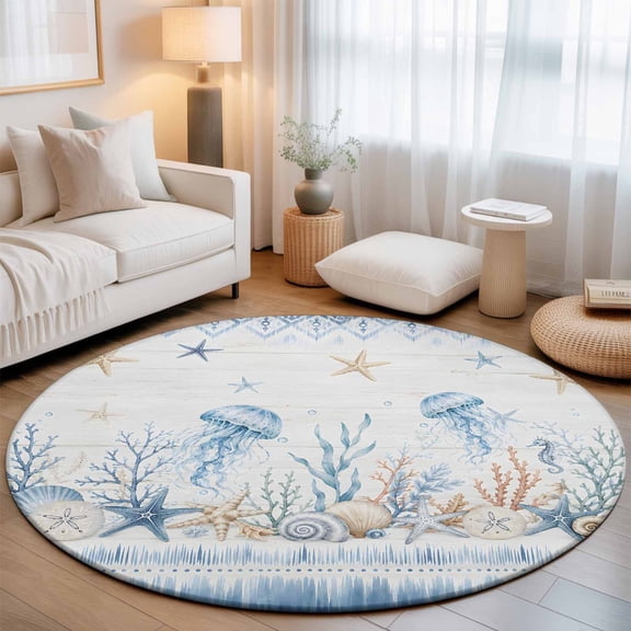 Jellyfish Coastal Round Area Rug 6 FT,Non Slip Bedroom Area Rug,Seaside Vintage Starfish Nautical Geometric Washable Soft Circular Carpet Floor Mat for Kitchen Dining Room Home Office Kids Room