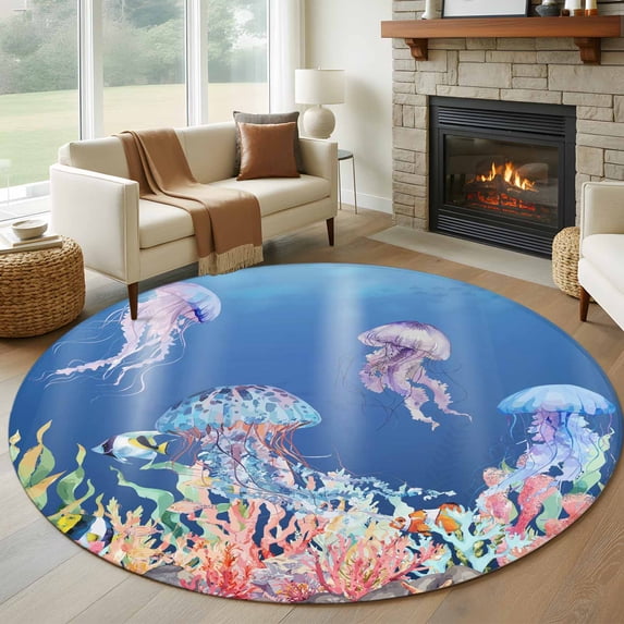 Jellyfish Coastal Round Area Rug 8Ft Washable Large Circle Rugs for Living Room Dorm, Nautical Ocean Summer Beach Coral Sea Non-Slip Carpet Floor Mats Indoor Outdoor Carpet Runner Home Decor