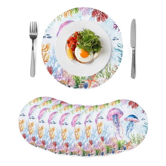 Jellyfish Coastal Round Placemats Set of 8 for Dinning Tables,Heat-proof Braided Table Mats 13 Inch,Blue Nautical Summer Beach Ocean Washable Place Mat for Kitchen Restaurant Party Table Decor