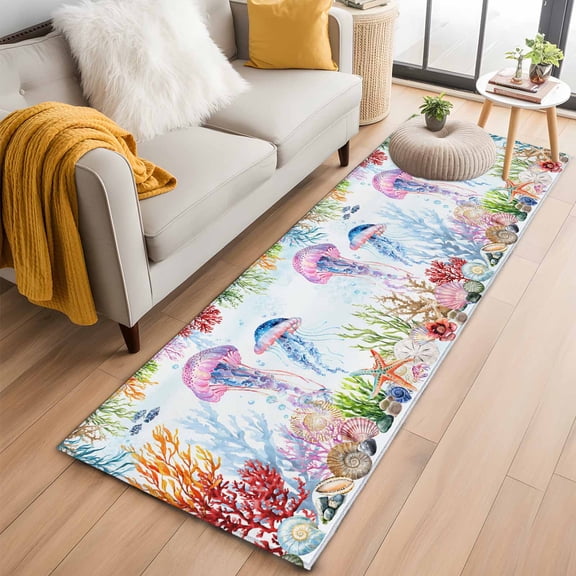 Jellyfish Coastal Runner Rug 2x6 FT,Non Slip Hallway Rugs,Blue Nautical Summer Beach Ocean Washable Soft Floor Carpet Throw Runner Carpet Long Rugs for Entryway Kitchen Bedside Sliding Door