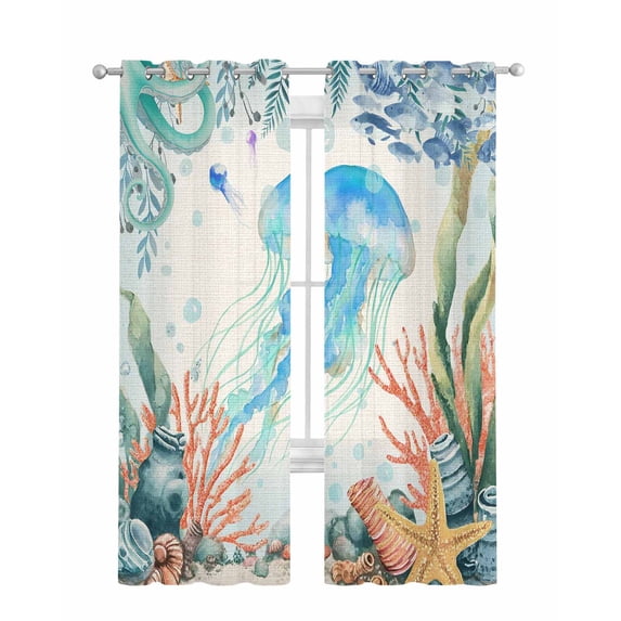 Jellyfish Coastal Sheer Curtains 84 Inch Length 2 Panels Set for Living Room/Bedroom, Summer Nautical Starfish Coral Beige Kitchen Curtains Grommet Semi-Sheer Curtains Window Treatments 52"x84"x2