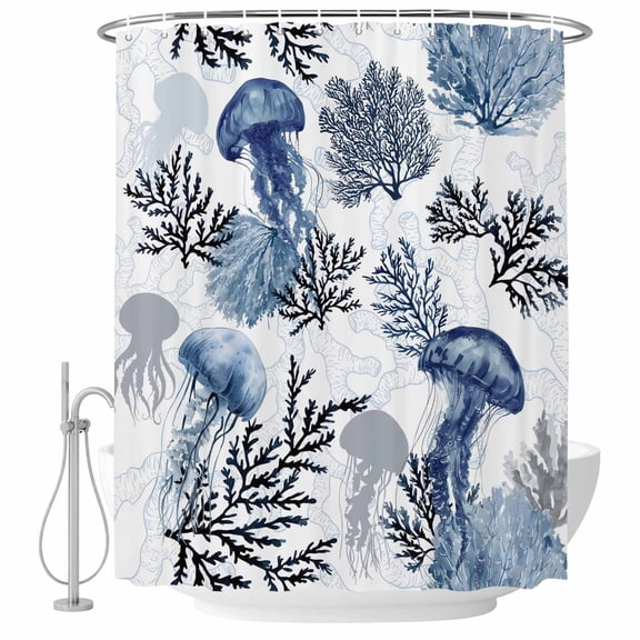 Jellyfish Coastal Shower Curtain Set - Small 36" x 72" Washable Bathtub Curtain with 12 Hooks, Navy Blue Nautical Summer Ocean Waterproof Fabric Stall Shower Curtains for Bathroom/Bathtub Décor