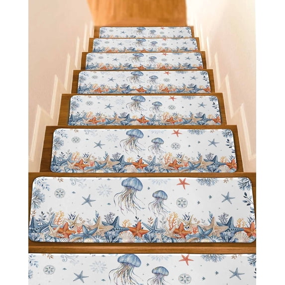 Jellyfish Coastal Stair Treads Non Slip Indoor for Wooden Steps, Summer Beach Coral Starfish Ocean 7 Pcs Stair Mats for Elders Dogs, 8 x 30 Inch Carpet Treads Runner Rugs for Staircase