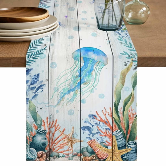 Jellyfish Coastal Table Runner 108 Inches, Summer Nautical Starfish Coral Grey Wooden Bed Runner Dresser Scarves Tabletop for Indoor Outdoor Parties/Ceremony/Banquet, 13"x 108"